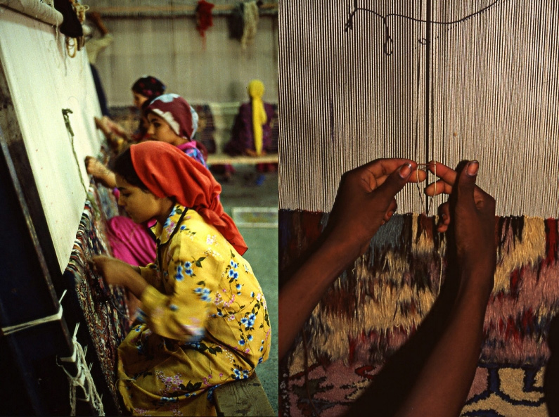 Bambini che annodano i tappeti