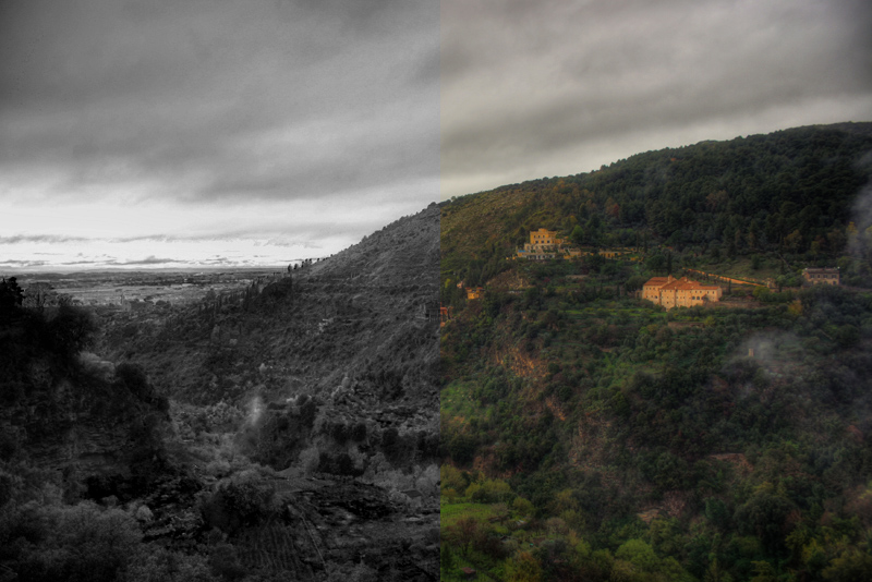 mentre l'Uomo parla, il tramonto lascia posto al buio...