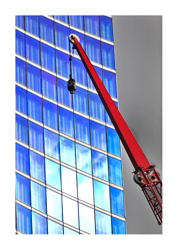 red gru - blu windows - grey sky