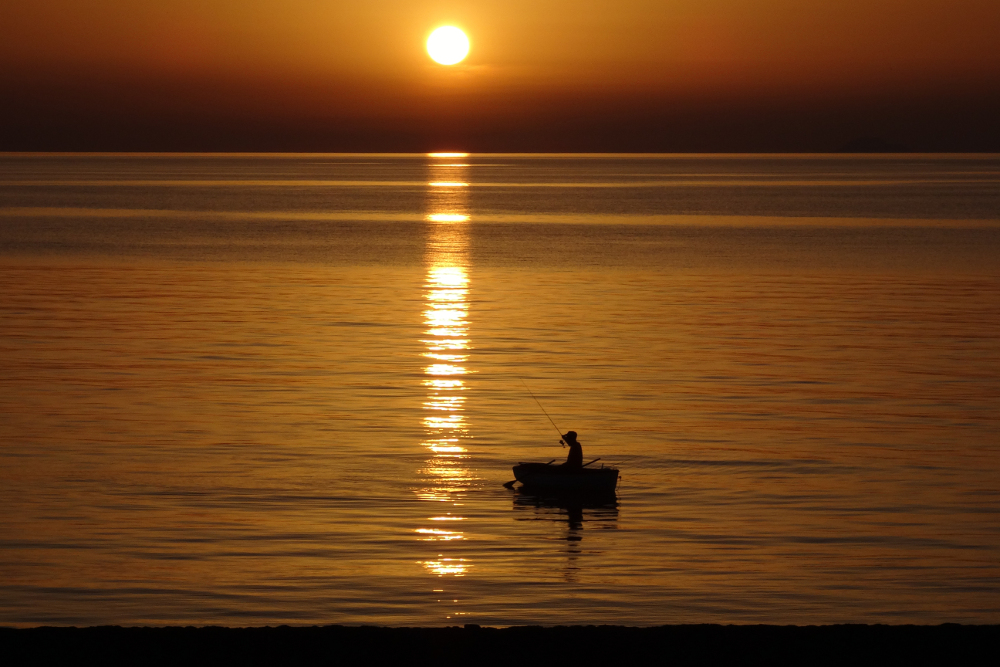 pesca in barca sulle acque dorate