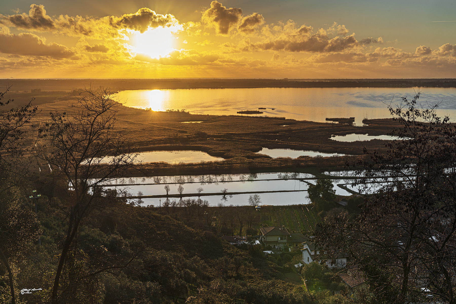 Il calar del sole sul lago di Massaciuccoli.