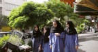 It is a candid shot of bunch young teen girls returning from their school in Tehran, Iran.